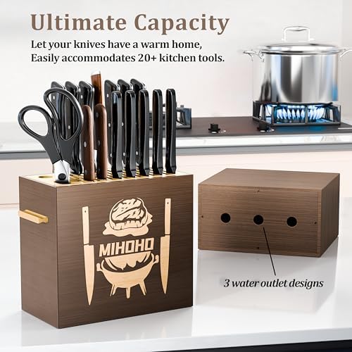 Wood Universal Knife Block with Slots, Wood Knife Holder/Knife Organizer, Unique Knife Storage for Counter Top with Anti-Slip Base (Walnut D)