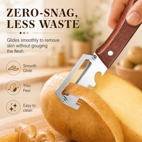 2026 Upgrade 3 in 1 Vegetable Peeler with Scallion Shredder & Bottle Opener, Professional Stainless Steel Potato Peeler with Ergonomic Wood Handle, Rust-Resistant & Heavy Duty Kitchen Tool (1)