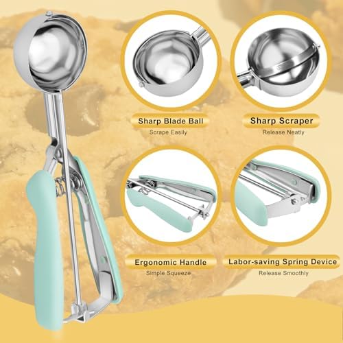 Cookie Scoop Set of 3, 18/8 Stainless Steel Cookie Dough Scoops with Blue, Pink & Green Color-Coded Grips, Small/Medium/Large (#60, #40, #20) Portion Scooper for Baking, Cupcakes & Ice Cream