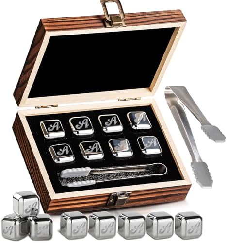 Whiskey Stones Gift Set, Custom Monogram 8, 8pcs Steel, Wood Box