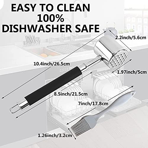 Meat Tenderizer Hammer, 304 Stainless Steel Kitchen Mallet Meat Hammer Dishwasher Safe With Silicone Grip Handle Case & brush Cooking Food Beater Flattener & Meat Pounder Tenderizer Tool