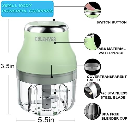 Vegetable Chopper, Electric Garlic Chopper, 250ML USB Rechargeable Mini Blender, Powerful Small Food Processor, Blender to Vegetable, Wireless Food Cutter for Ginger, Chili, Fruit, Meat, etc（Green）
