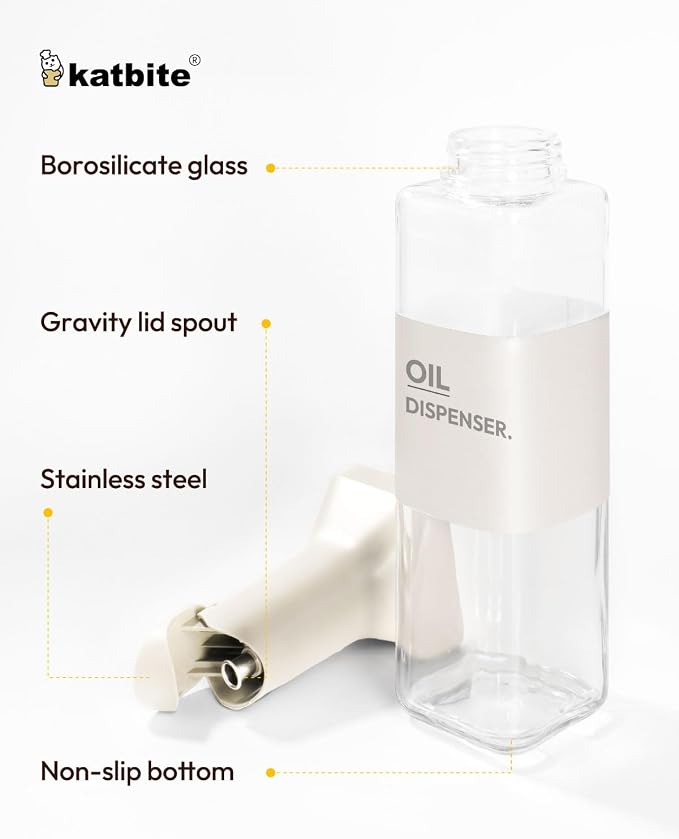 katbite 16oz Glass Olive Oil Dispenser Bottle for Kitchen Cooking - Leakproof Kitchen Essential with Precise Pouring Spout for Salad, Air Fryer, BBQ, Non-Stick Pans, Easy Refill and Use, Light Grey