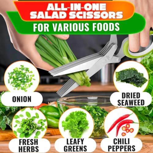 Herb Scissors with 5 Blades and Cover, Cleaning Brush, Even Cuts