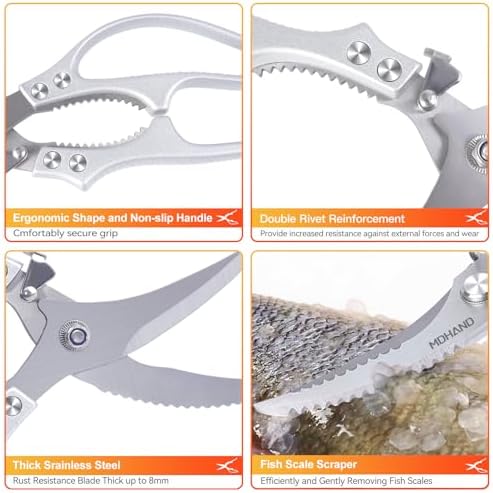 MDHAND Kitchen Shears Set, Heavy Duty Poultry Shears with Anti-Slip Handle & Safety Lock, Kitchen Food Scissors for Meat Chicken Fish Turkey Vegetables, Dishwasher Safe Cooking Scissors, Spring Loaded