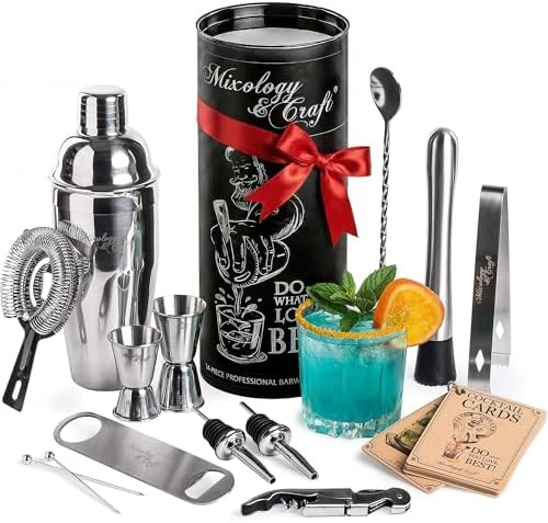Mixology & Craft All-in-One Stainless Steel Cocktail Shaker Kit with 24 oz Cobbler Shaker, Includes Strainer, Muddler, Spoon, Jiggers, Pourers, Picks, Tongs, Bottle Opener - Gift-Ready Package Tube