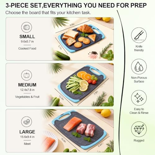 Plastic Cutting Boards for Kitchen non BPA, 3 Pieces, Dishwasher Safe, Aqua