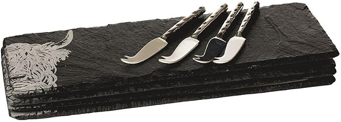 The Just Slate Company Handcrafted Mini Slate Cheese Board and Knife, Laser Etched Highland Cow Design, Set of 4