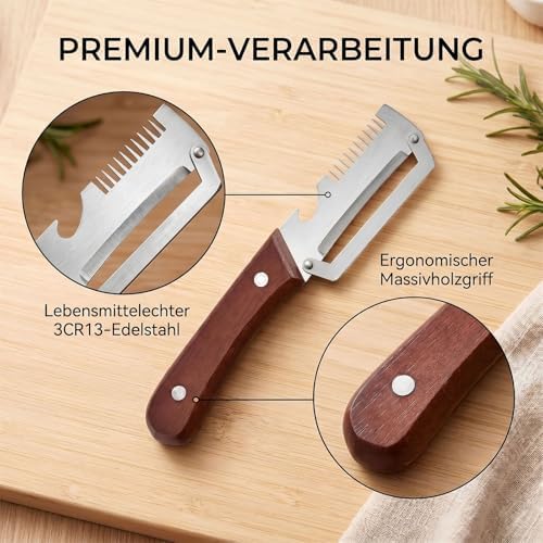 3-in-1 Peeler with Wooden Handle, Stainless Steel Blade, Multifunctional Vegetable Peeler, Julienne Slicer and Bottle Opener, Cleaning Brush