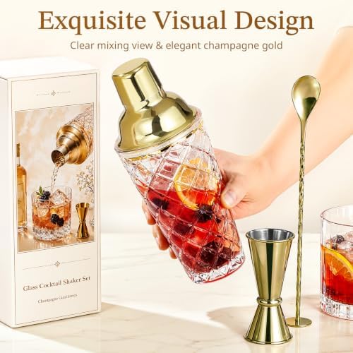Kitessensu 14oz Glass Cocktail Shaker Set, Champagne Gold, Leak Proof