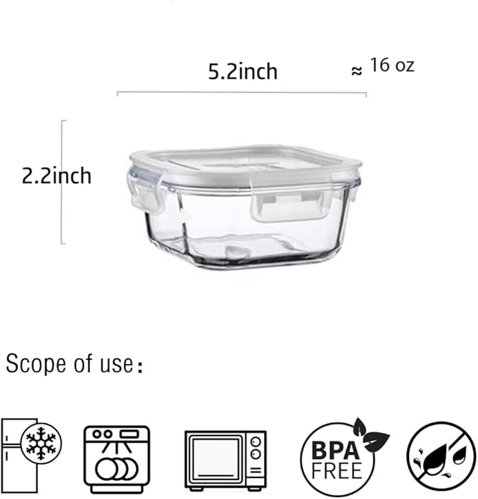 16oz Square Glass Food Storage Containers With Lids, 2 Cup Square Glass Food Containers With Lids, BPA free Small Meal Prep Bowls for leftovers, Dishwasher, Freezer Safe (8Pack)