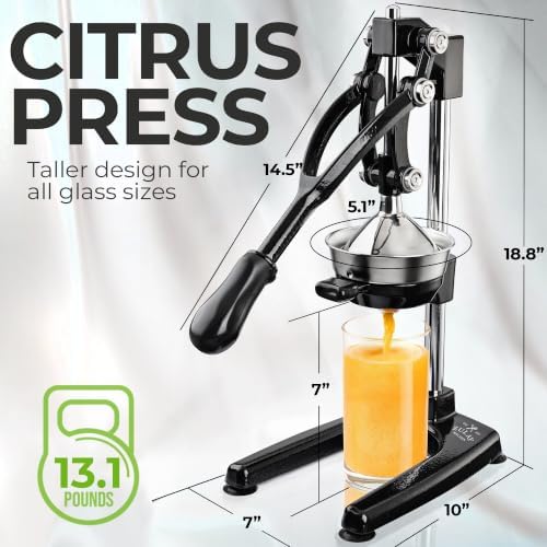 Zulay Kitchen Pulperizer 9 in 1 Cast Iron Juicer - Easy-to-Clean Heavy-Duty Manual Juicer with Presser Attachment to Juice All Types of Fruits! Extra Tall with Stainless Steel Bowl - Black