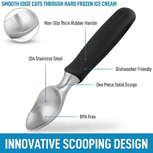 Zulay Heavy Duty Ice Cream Scoop - Stainless Steel Ice Cream Scooper With Non-Slip Rubber Grip - Durable Ice Cream Spade - Anti-Thaw Icecream Scoup For Frozen Ice Cream & Gelato (Black)