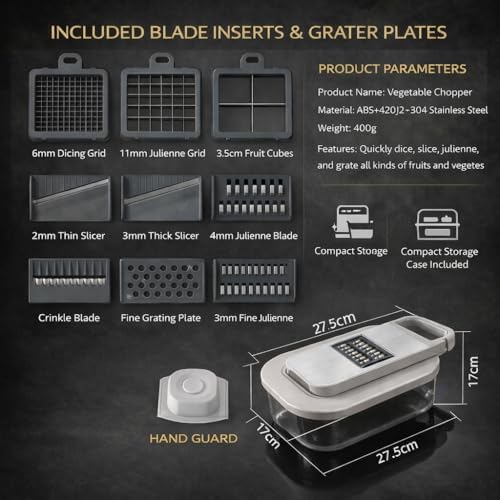All-in-One Food Chopper & Mandoline Slicer, 9-in-1 Vegetable Chopper with Interchangeable Stainless Steel Blades, BPA-Free Manual Onion Dicer, Julienne & Grater with Container