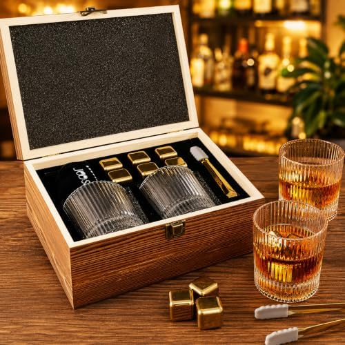 Whiskey Glass Gift Set for Men, 2 Ribbed Old Fashioned Glasses with 6 Gold-Tone Stainless Steel Whiskey Stones, Tongs, Pouch and Wooden Gift Box, Bourbon Scotch Gifts for Dad Husband