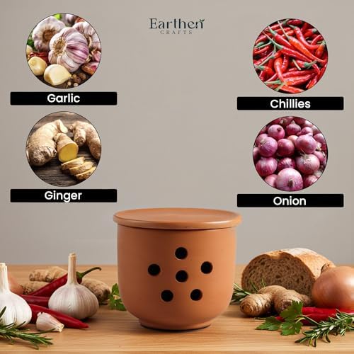 EARTHEN CRAFTS Terracotta Garlic Keeper 4.5" Handmade Clay Garlic Jar with Lid Storage Container for Gifts, Garlic Saver for Kitchen Countertop Decor for Fresh Garlic Cloves