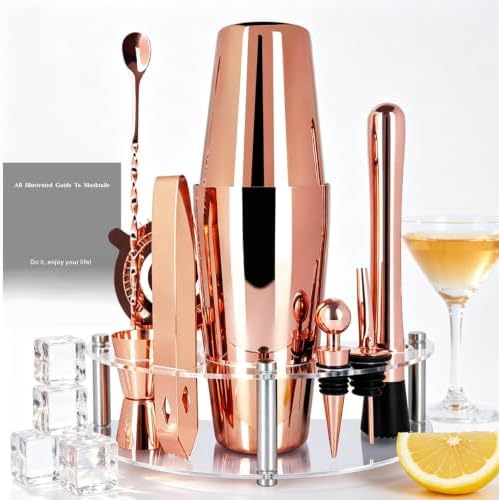 9-Piece Cocktail Shaker with Stand, 25oz Bartender Kit, Cocktail Shaker with Strainer Set, Boston Shaker Set, Bar Set Jigger for Bartending Drink Mixer Set, Cocktail Set Recipes (Rose Gold-25/20oz)