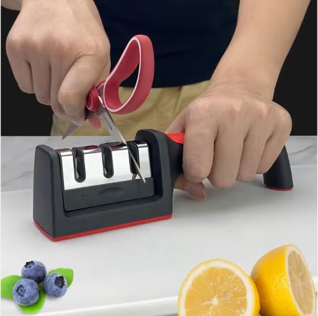 Professional 3-Stage Knife Sharpener with diamond, tungsten steel and ceramic slots. Sharpen kitchen knives, chef knives and scissors easily with this non-slip manual sharpener. (Red)