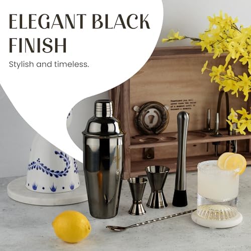 Mixology & Craft Rustic Cocktail Shaker Set – Includes Wood Stand, Complete Barware Kit with 24 Oz Shaker, Dual Jiggers, Pourers, Muddler, Strainer – Perfect for Home Bartenders (Gun-Metal Black)