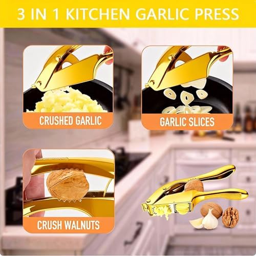 Garlic Press and Slicer 2 in 1, Rust Proof & Dishwasher Safe Professional Garlic Mincer Tool, Effortlessly Crush and Mince Garlic with this Ergonomic Handle-Garlic Slicer & Brush ANCQMI(Gold)