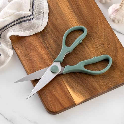 Rae Dunn Kitchen Scissors- Stainless Steel Kitchen Shears, Cooking Scissors for Cutting Meat, Chicken, Herbs and Produce with Blade Cover and Soft Grip Handles (Sage)
