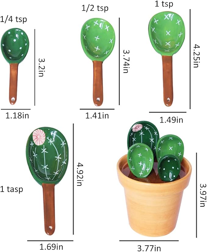 Ceramic Cactus Measuring Spoons with Holder Set of 5 Baking Measuring Spoons for Wet & Dry Ingredients Cactus Figurine Dishwasher Safe Mixed Colors 1 Tbsp 1 TSP 1/2 TSP 1/4 TSP 1 Cup Yellow
