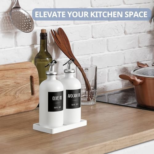 Olive Oil Dispenser Bottle for Kitchen, 16oz Glass Oil and Vinegar Dispenser Set with Wood Tray & 54 Labels - White Cooking Oil Bottles for Kitchen - Coffee Syrup Dispenser - Set of 2