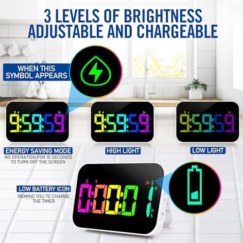 Kitchen Timer （1.5" Number） 10 RGB Color Changing Digital Magnetic Timer, Countdown/Up, Rechargeabilit, 3 Brightness Display, 3 Volume Levels and Vibration Mode, for Classroom, Study, Fitness