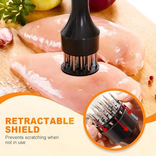 Meat Tenderizer Tool, Stainless Steel Meat Pounder Tools Meat Tenderizer Tool with Ultra Sharp Stainless Steel 21 Sharp Needle Blades for Tenderizing and Cooking Kitchen Gadgets (White+Black, 2pcs)