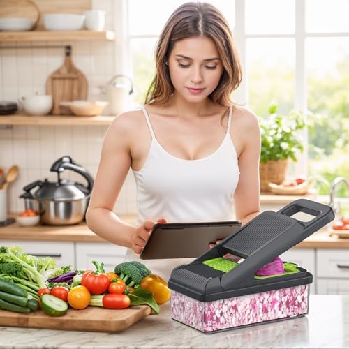 12-in-1 Vegetable Chopper 7 Blades, Veggie Cutter with Handle, Green/Grey