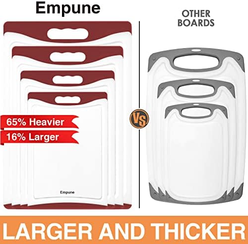 Empune BPA-Free Plastic Cutting Board for Kitchen with Juice Grooves, Extra Large Dishwasher Safe Cutting Boards Set of 4 with Handles, Thick Non-Slip Chopping Board for Meat, Fruit and Chicken, Red