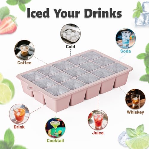 Silicone Ice Cube Tray 2 Pack - EASY RELEASE ice cube tray with lid, BPA Free Ice Cubes Trays for Freezer,ice cube mold for Cocktail,Whiskey (Pink)
