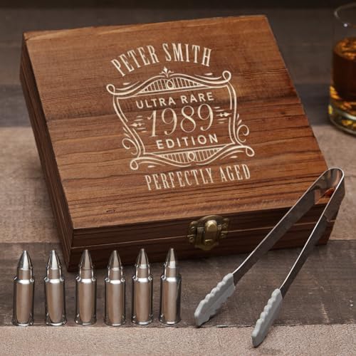 Bullet Whiskey Stones Gift Set for Men with Personalized Wooden Box - Oakmont Design