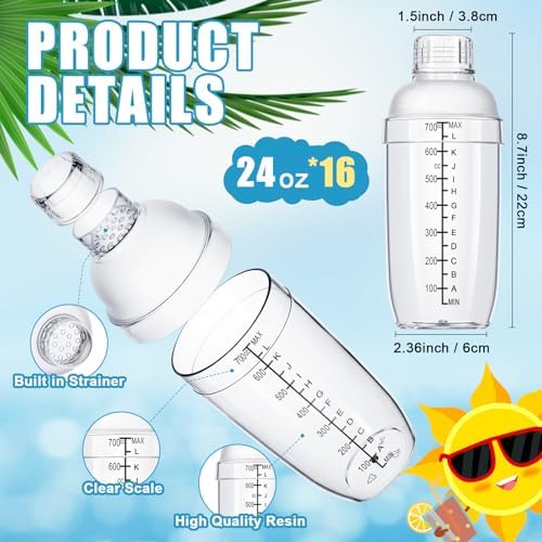 Lallisa 16 Pcs Plastic Cocktail Shaker Set Drink Mixer Clear Shaker Cup with Measurements Scales and Strainer Plastic Mixing Tool for Tea Coffee Bar Bubble Milk Christmas Gift(700 Cc/ 24 oz)