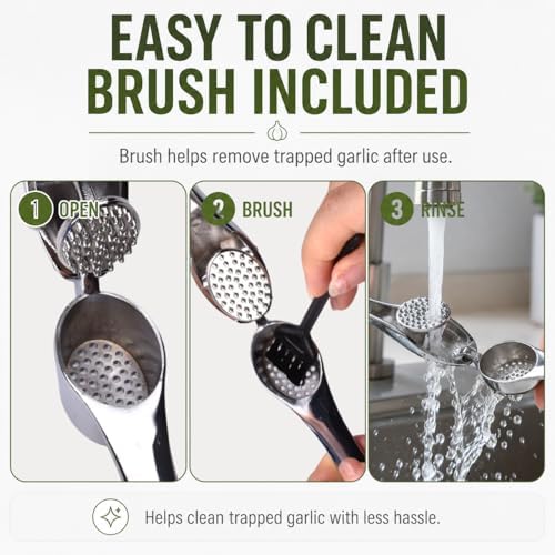 Garlic Press with Cleaning Brush, Zinc Alloy Garlic Mincer, Easy-Squeeze Garlic Crusher with Non-Slip TPR Handle, Mirror Polished Kitchen Tool for Fine Minced Garlic, Garlic Smasher for Daily Cooking