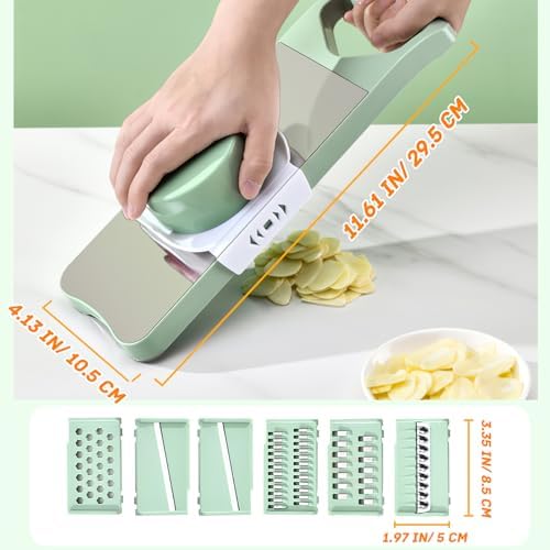 Vegetable Chopper, Mandoline Food Slicer Cutter with Handheld Container, 6 Blades and Blade Box, Cucumber Slicer, Magnetic Kitchen Tools for Veggie Potato Onion Carrot (Green(No magnet), 7 in 1)