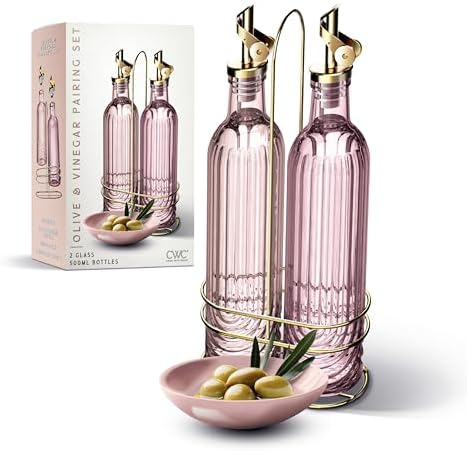 COOK WITH COLOR Glass Olive Oil Bottle Dispenser - 2 Pack- 17oz Oil and Vinegar Cruet - Olive Oil Carafe Decanter for Kitchen, Elegant Fluted, Pink