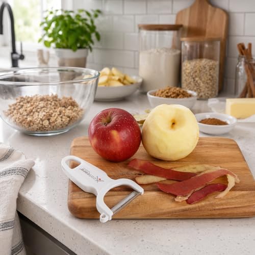 CatCora Swiss-Style Peeler, Professional German Tempered Stainless Steel Blade For Peeling Fruits and Vegetables and Garnishing, Ergonomic Contoured Handle, White