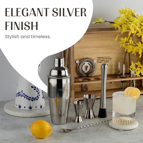 Mixology & Craft Rustic Cocktail Shaker Set – Includes Wood Stand, Complete Barware Kit with 24 Oz Shaker, Dual Jiggers, Pourers, Muddler, Strainer – Perfect for Home Bartenders (Silver)