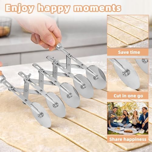 5-Wheel Pastry Cutter, Stainless Steel Dough Divider with Wooden Handle Adjustable Heavy Duty Pastry Wheel Multi-Use Kitchen Utensil for Pizza Pies Pasta Waffles Dough Brownies Lattice