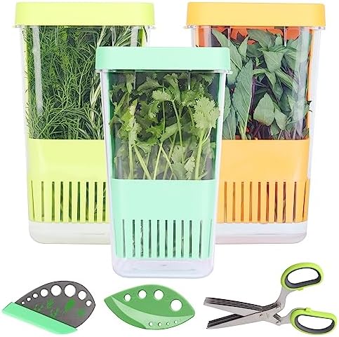 LUVCOSY Herb Keeper Set: 3 Pack Herb Saver+1 Pack Herb Scissors+2 Pack Herb Stripper, BPA-Free Plastic Herb Container for Cilantro, Mint & Asparagus, Keeps Fresh Herbs for 3 Times Longer
