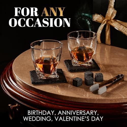 Whiskey Glasses Gift Set for Men, 2 Crystal Bourbon Glasses & Stones