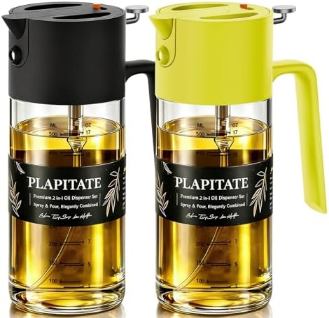 PLAPITATE 2Pcs 17oz Premium Olive Oil Sprayer for Cooking, 2 in 1 Glass Olive Oil Dispenser Bottle for Kitchen Gadgets, Spray Bottle with Portion Control for Salad, Frying, BBQ (Black & Lime Yellow)