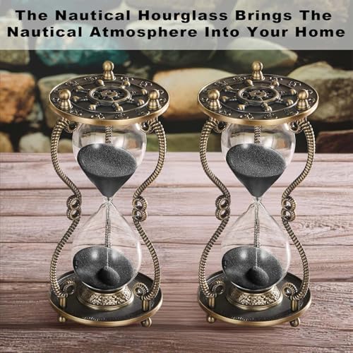 CNCJ Nautical Brass Sand Timer 60 Minute Hourglass:Antique Metal Rudder Sand Clock, Black Sand Watch 60 Min, Vintage Reloj De Arean, Small Hour Glass Sandglass for Gifts, Office, Desk Decor