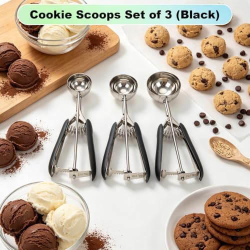 Engraved Sizes Cookie Scoops,Set of 3 Black Cookie Scoops for Baking