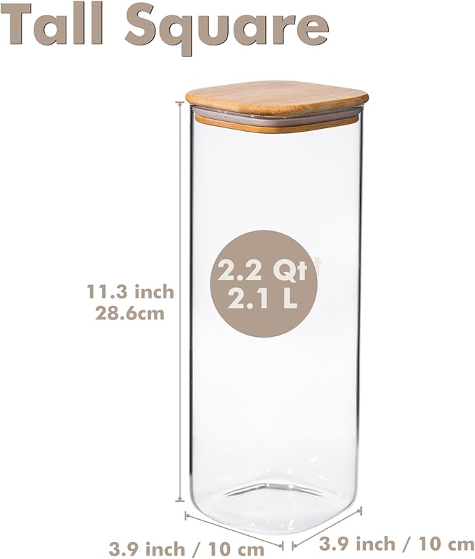 3-Pack 2.2Qt Square Glass Spaghetti Jars with Bamboo Lids | Minimalist Kitchen Organizer,Scandinavian Style Storage,Nordic Style Storage,Food Storage Canister for Pasta, Penne, Macaroni