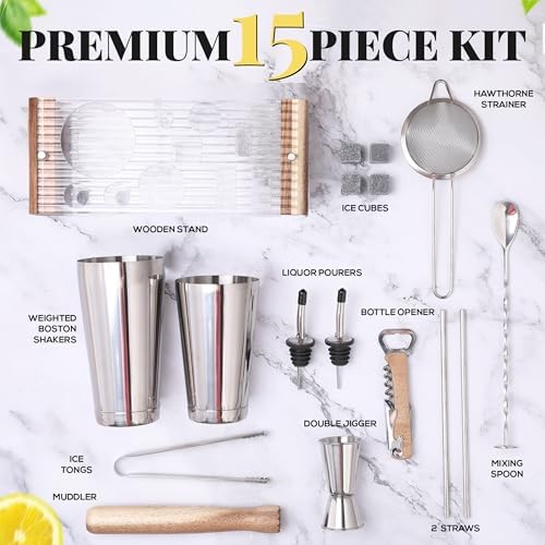 Mixology Bartender Kit with Stand - 15 Piece Bar Tool Set, Silver Bar Set Cocktail Shaker Set for Drink Mixing - includes Martini Shaker, Jigger, Strainer, Bar Mixer Spoon, Tongs, Opener | Gift Idea