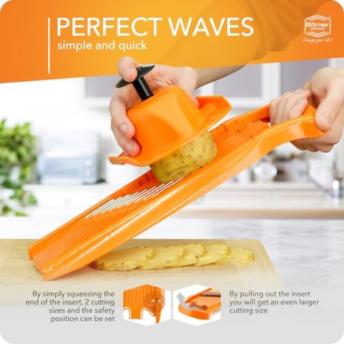 Börner by Reston Lloyd Wave-Waffle Power Line • Crinkle Cut/Spirelli Vegetable Slicer & Food Safety Holder • Slicer for Wave Waffle Cut Style • Multiple Thickness Options • Made in Germany, Orange