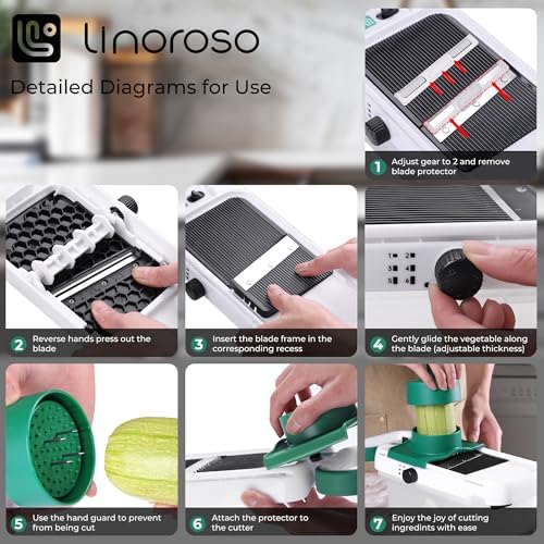 linoroso Adjustable Mandoline Food Slicer 5 in 1, Mandoline Slicer for Kitchen with Container, Vegetable Chopper Shredder Wave Cutter for Potato, Carrot, Zucchini, Grindder for Cheese Lemon