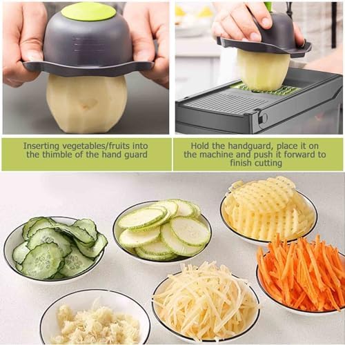 Vegetable Chopper, Onion Chopper, 10 in 1 Multifunctional Chopper With 8 Blades Veggie Chopper and Slicer, Dicing Machine, Carrot Chopper for Salad Potato Carrot Garlic（Gray-Green）, WG01-KLBK